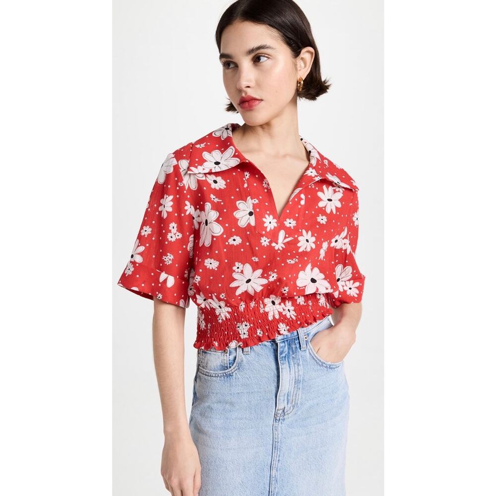 RIXO Floral Polka Dot Bina Collared Retro Cinch Waist Blouse Top Red White Small
